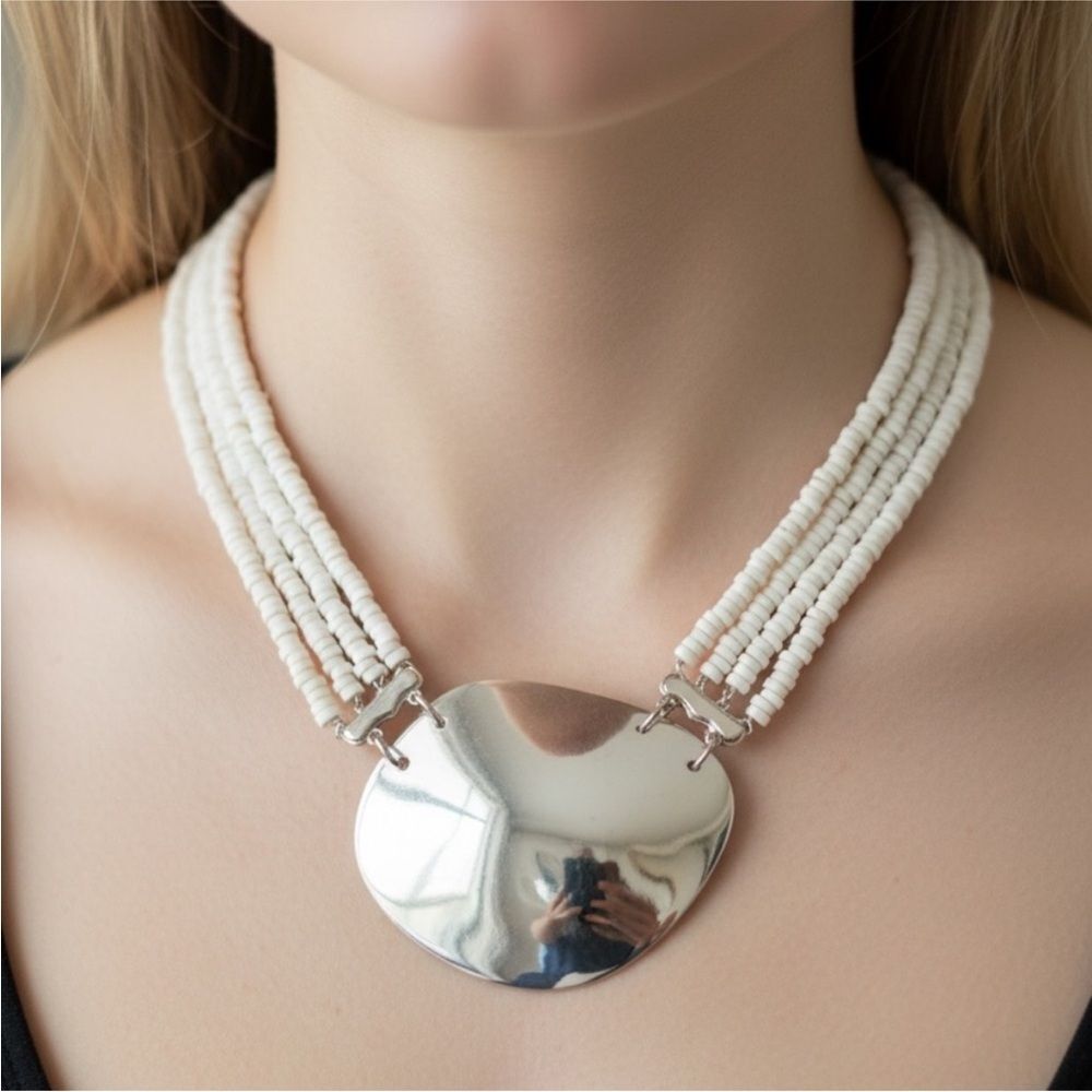 Elegant Silver and White Beaded Statement Necklace